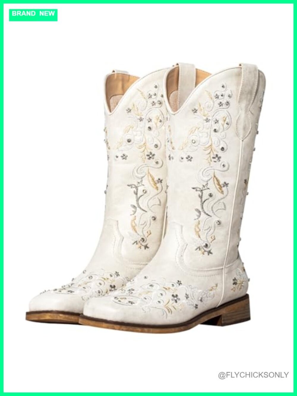 Wide Calf Cowboy Boots Faux Leather Rhinestone Embroidered Mid-Calf